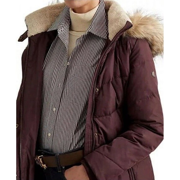 Ralph Lauren women's Faux-Fur-Trim Hooded Down Puffer Coat Burgundy Plus Size 3X - Picture 3 of 16